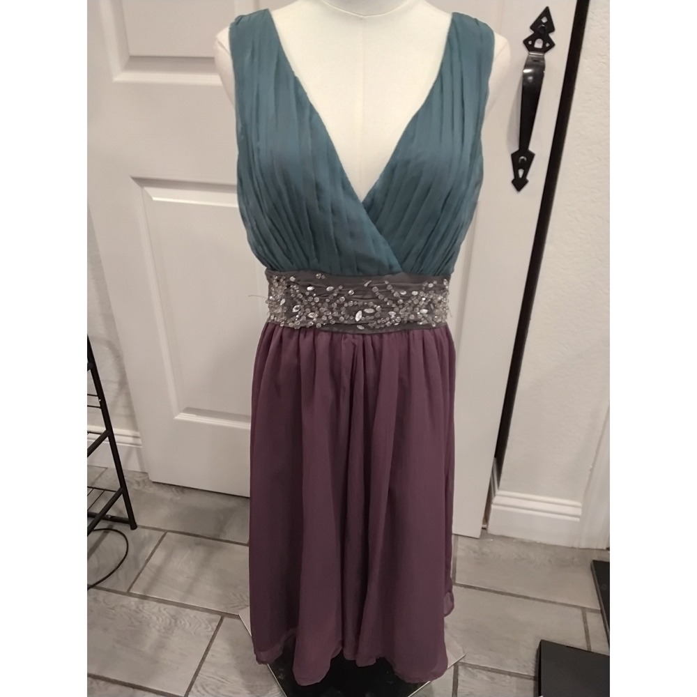 Newport News Women Teal‎ Purple Colorblock Beaded Waist Midi Dress Size 8 H0517